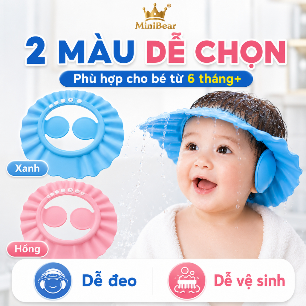 Mũ gội đầu chắn nước vào mắt cho bé , nón tắm chống nước vào tai an toàn, dùng cho trẻ sơ sinh, em béMũ gội đầu c