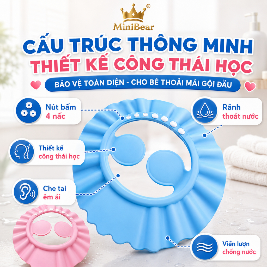 Mũ gội đầu chắn nước vào mắt cho bé , nón tắm chống nước vào tai an toàn, dùng cho trẻ sơ sinh, em béMũ gội đầu c
