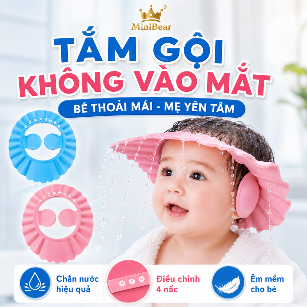 Mũ gội đầu chắn nước vào mắt cho bé , nón tắm chống nước vào tai an toàn, dùng cho trẻ sơ sinh, em béMũ gội đầu c