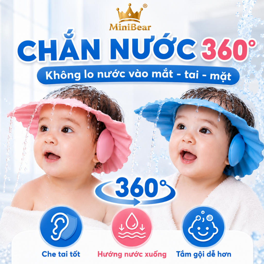 Mũ gội đầu chắn nước vào mắt cho bé , nón tắm chống nước vào tai an toàn, dùng cho trẻ sơ sinh, em béMũ gội đầu c