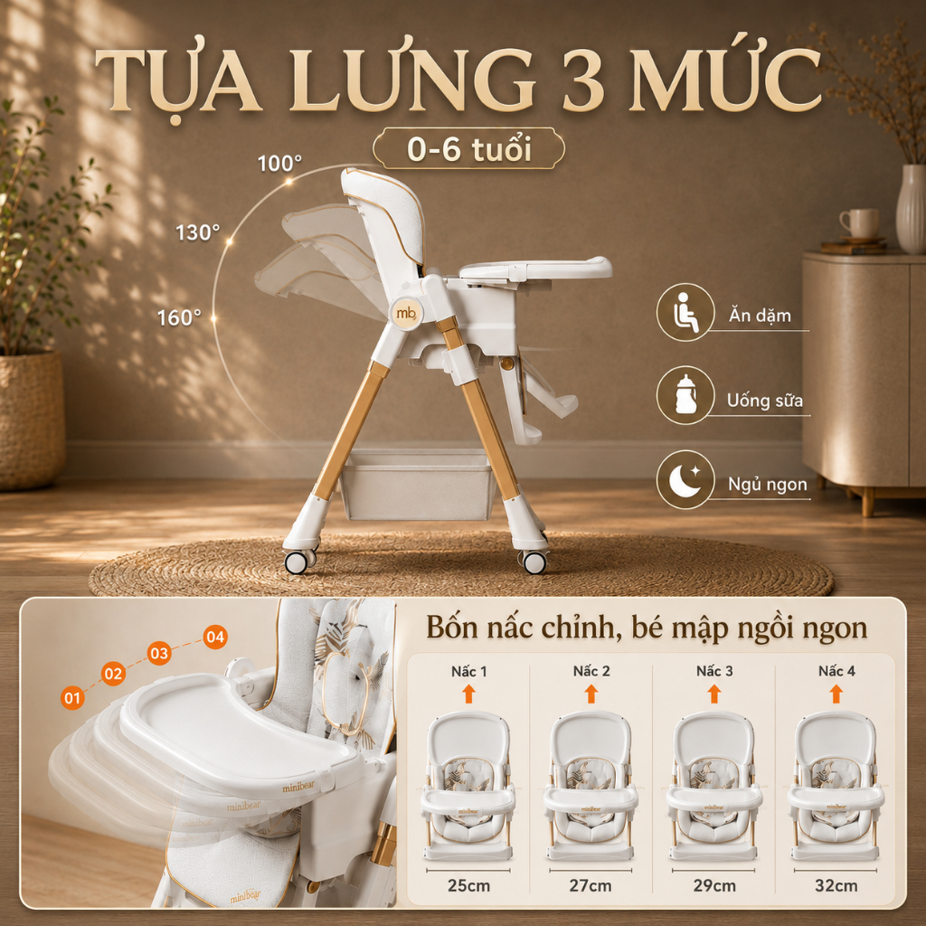 Ghế ăn dặm đu đưa MiniBear Pro B3 Nhật – Bản nâng cấp, 2in1 gấp gọn, chất liệu cao cấp, an toàn cho bé