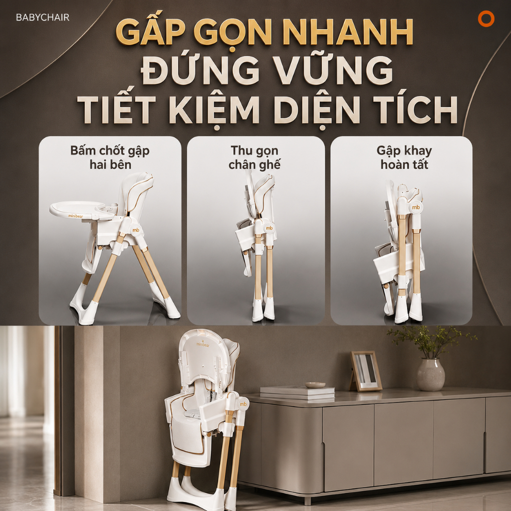 Ghế ăn dặm đu đưa MiniBear Pro B3 Nhật – Bản nâng cấp, 2in1 gấp gọn, chất liệu cao cấp, an toàn cho bé