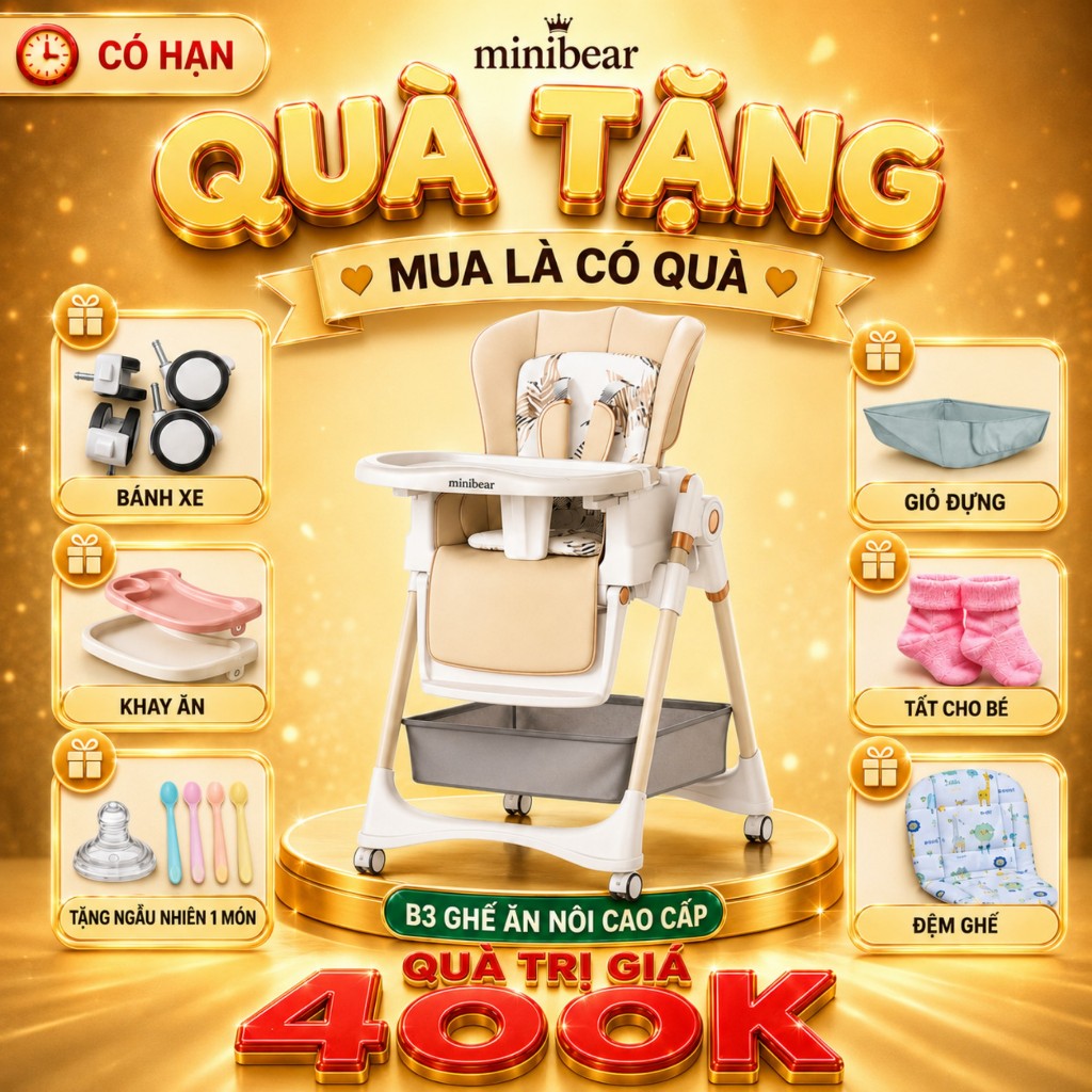 Ghế ăn dặm đu đưa MiniBear Pro B3 Nhật – Bản nâng cấp, 2in1 gấp gọn, chất liệu cao cấp, an toàn cho bé
