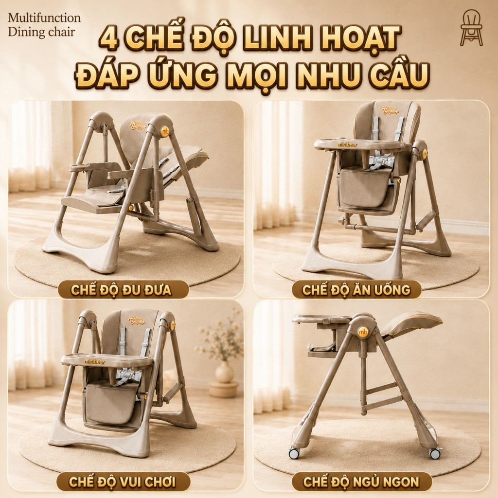 Ghế ăn dặm xích đu B2 MiniBear 2in1 – Gấp gọn thông minh, tập ngồi nằm linh hoạt, khung chắc chắn, đệm êm, dễ lau chùi