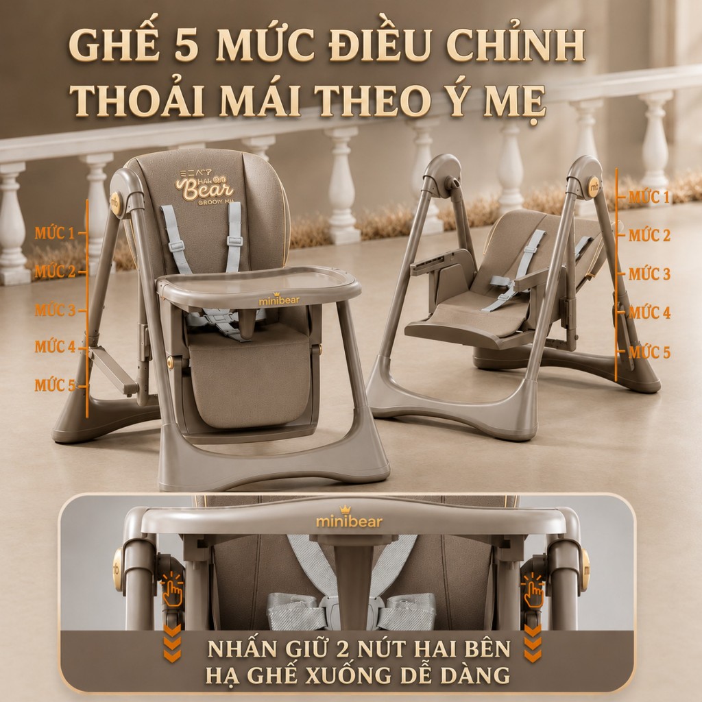 Ghế ăn dặm xích đu B2 MiniBear 2in1 – Gấp gọn thông minh, tập ngồi nằm linh hoạt, khung chắc chắn, đệm êm, dễ lau chùi