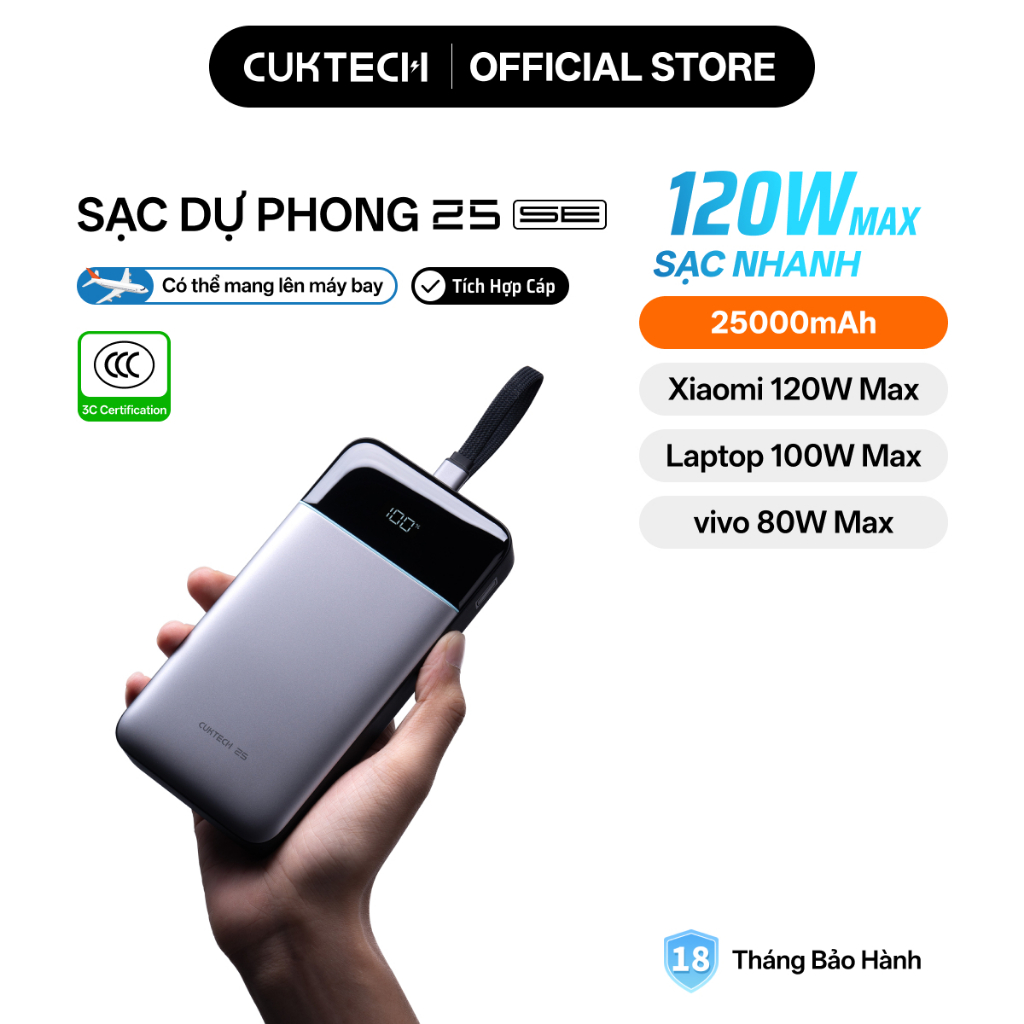 【Được chứng nhận CCC】CUKTECH 120W 25000mAh Sạc Nhanh Công Suất Cao Pin Dự Phòng – Hỗ Trợ Xiaomi 120W Laptop 100W——25 SE