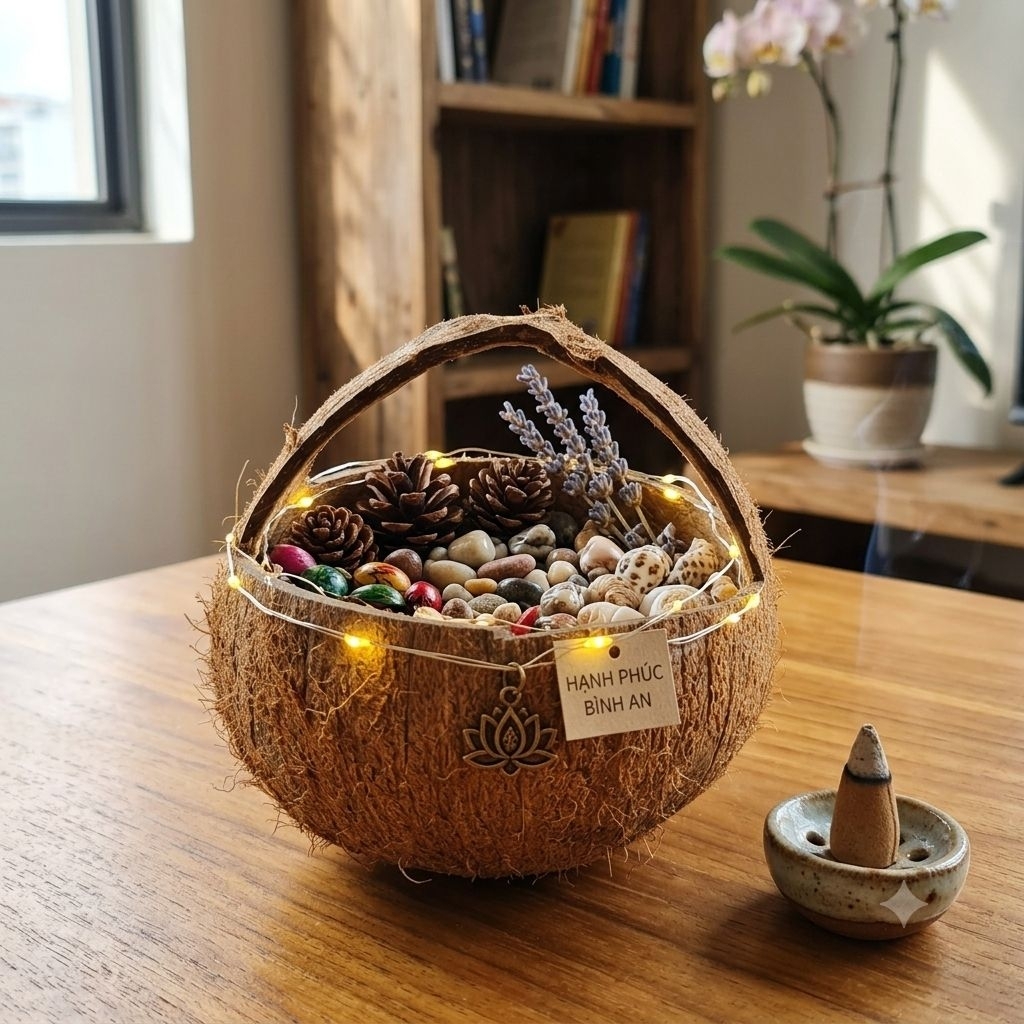 Gáo dừa cắt có quay xách - dùng làm giỏ hoa, chậu, đựng thức ăn thú cưng, đồ dùng...