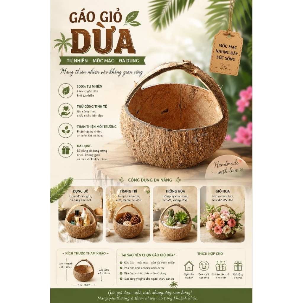 Gáo dừa cắt có quay xách - dùng làm giỏ hoa, chậu, đựng thức ăn thú cưng, đồ dùng...