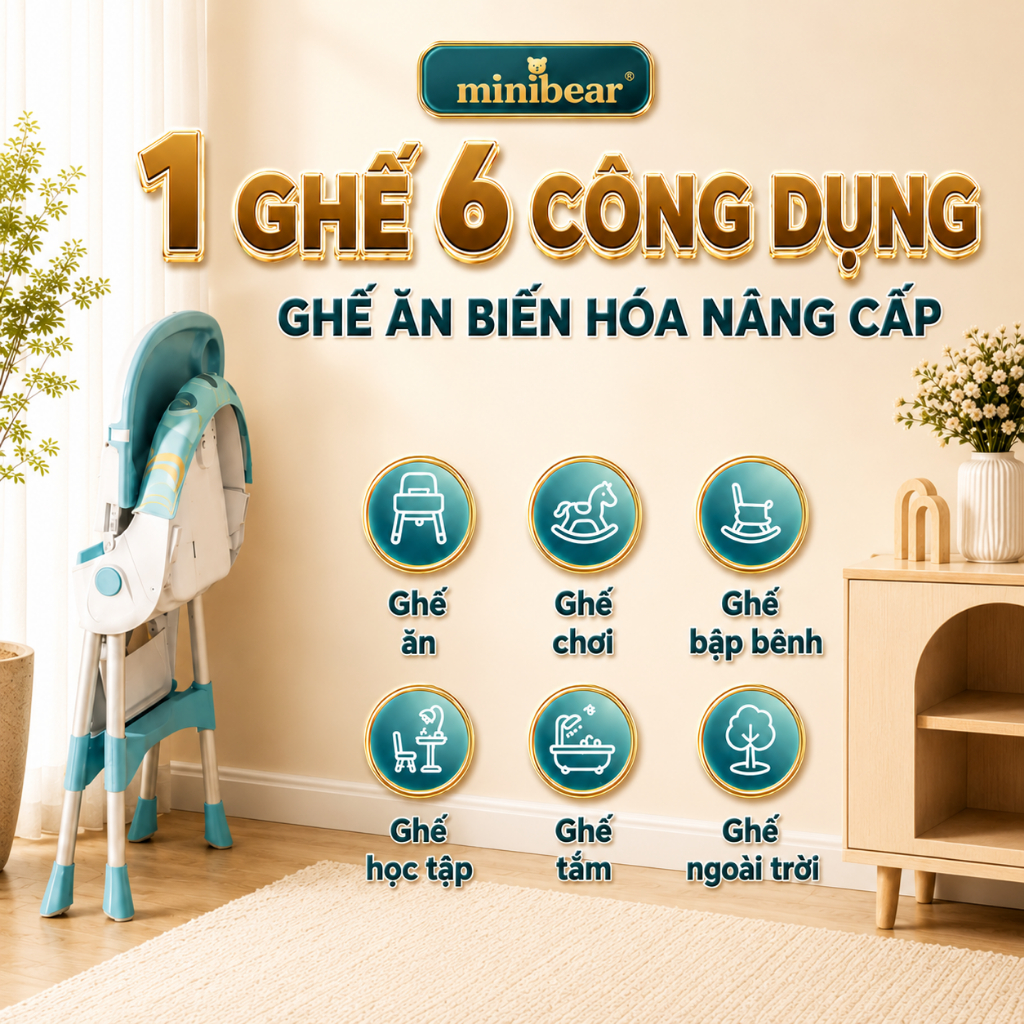 Ghế bập bênh ăn dặm MiniBear Nhật Bản B1 – 2 trong 1 gấp gọn, vừa tập ngồi vừa tập ăn, dễ dàng vệ sinh và di chuyển