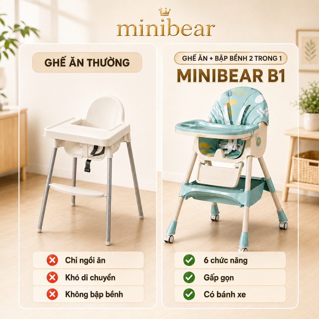 Ghế bập bênh ăn dặm MiniBear Nhật Bản B1 – 2 trong 1 gấp gọn, vừa tập ngồi vừa tập ăn, dễ dàng vệ sinh và di chuyển
