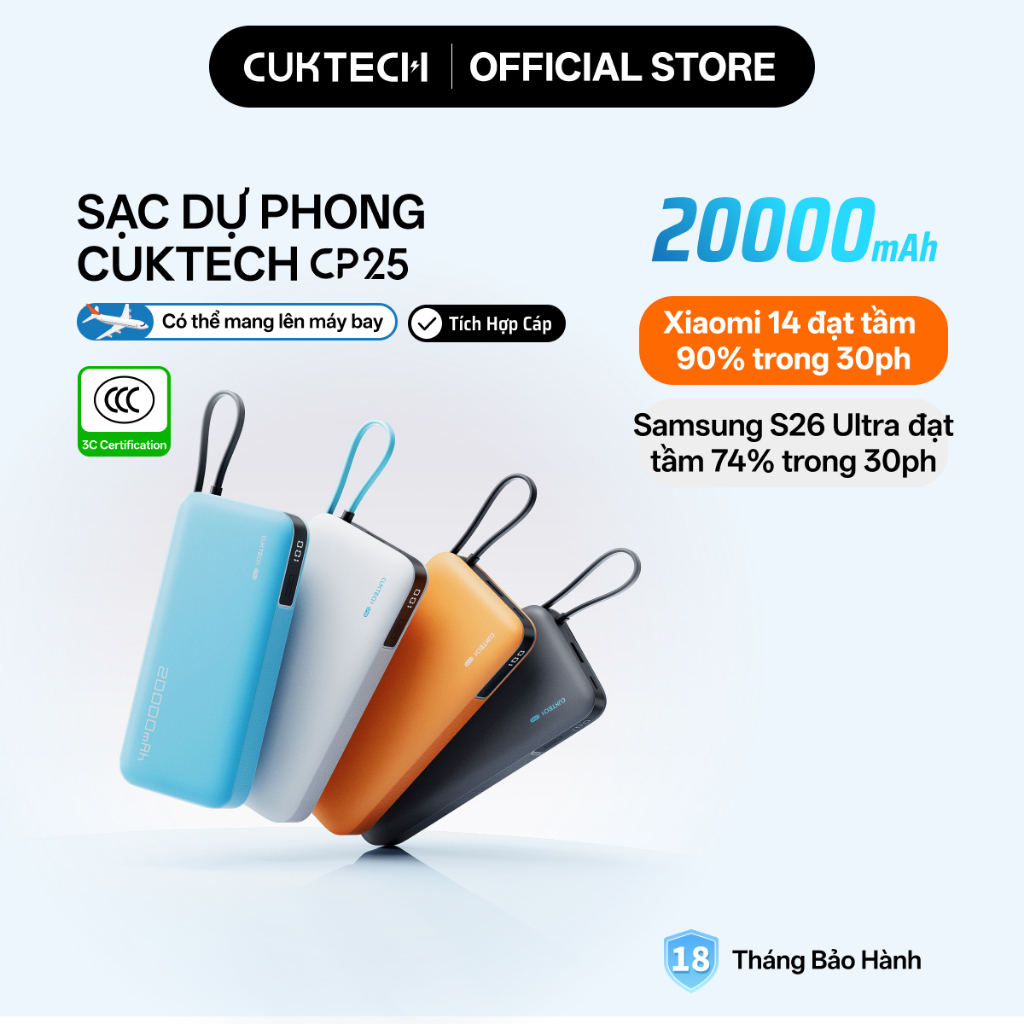 【Được chứng nhận CCC】CUKTECH Sạc Nhanh 55W 20000mAh – Tích Hợp Dây, Hỗ Trợ Xiaomi 55W Samsung 45W Laptop 45W iP 17/16/15