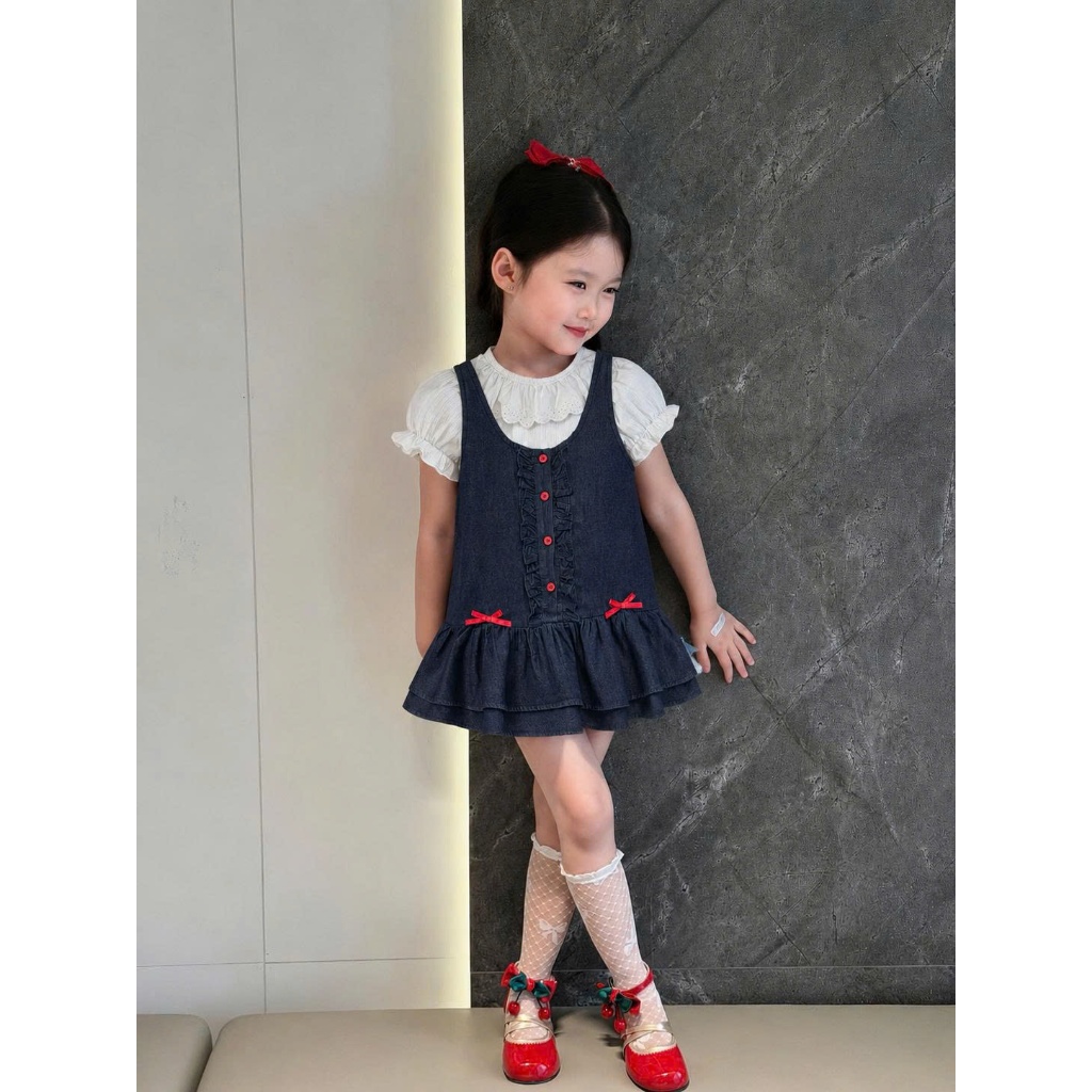 Set váy vé gái, bộ đầm bé gái 2 chi tiết áo cotton cổ bèo kèm váy sát nách đuôi cá chất denim mềm Size 12-32kg