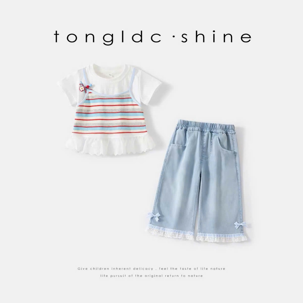 Set đồ bộ bé gái, set quần áo bé gái áo cotton phối bèo kèm quần dài chất jean mềm dễ thương đi học đi chơi Size 12-38kg