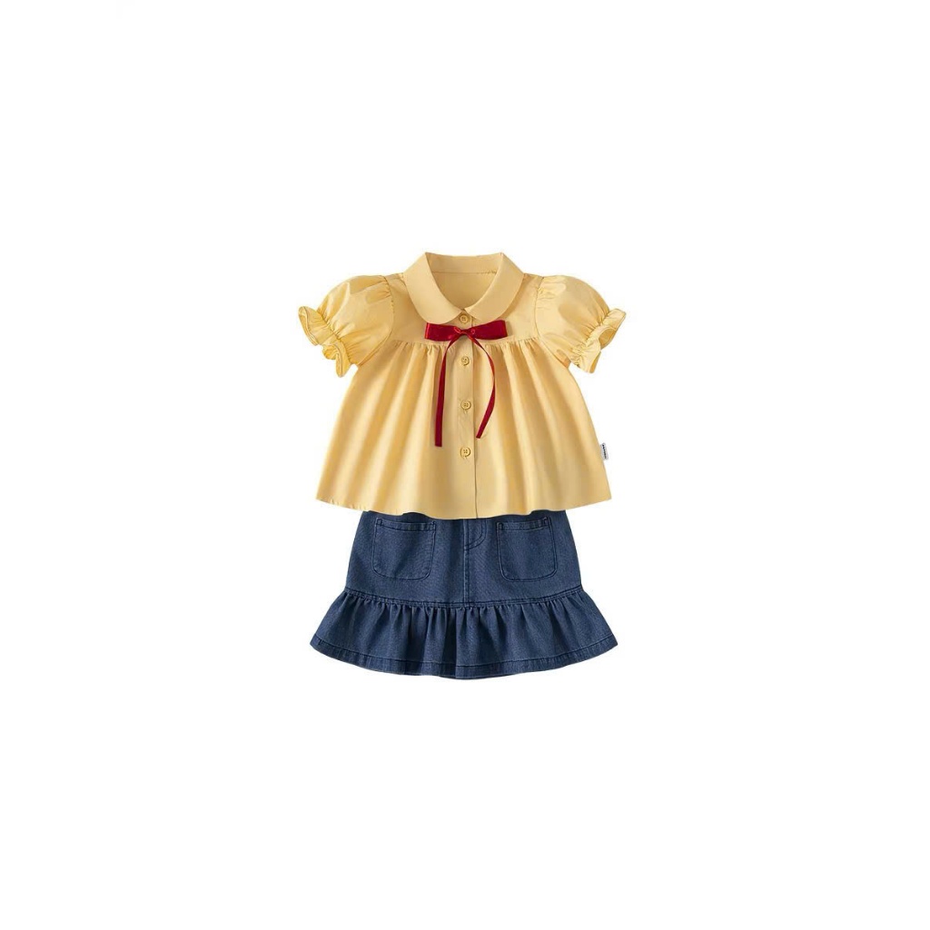 Set đồ bé gái, bộ đồ bé gái áo babydoll chất cotton kèm chân váy jean xinh yêu phù hợp đi học đi chơi Size 12-32kg
