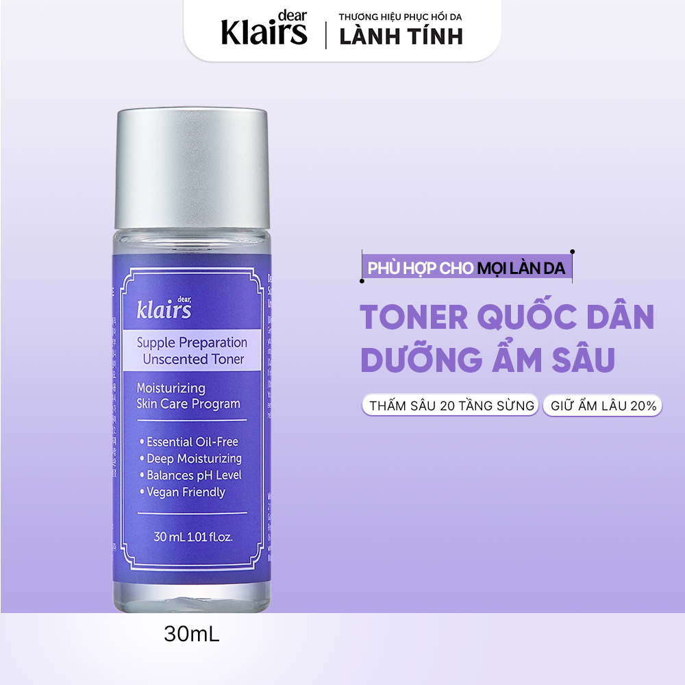 [Minisize] Nước hoa hồng Dear, Klairs Supple Preparation Unscented Toner hỗ trợ làm sáng da 30ml
