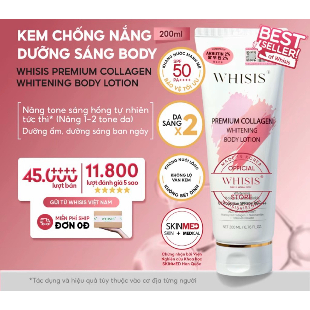Kem Body Dưỡng Trắng Da Chống Nắng Nâng Tone Tức Thì WHISIS Premium Collagen Whitening Body Lotion 200ml SPF50+ PA++++.