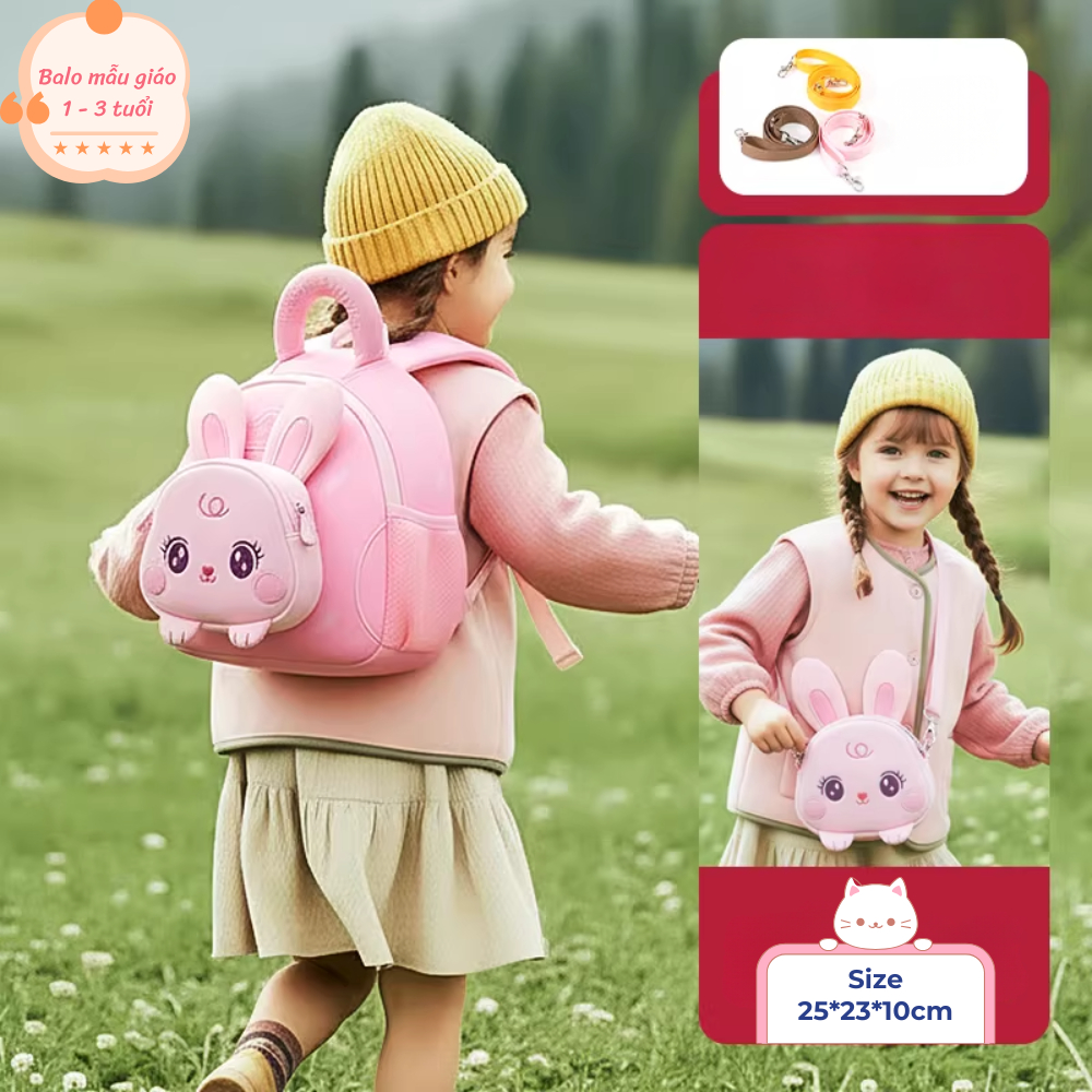 NEW-Balo túi phụ thỏ hồng, gấu nâu Worm Home cho bé mầm non mẫu giáo 1-3 tuổi chất liệu đẹp - cực kì xinh - đáng yêu