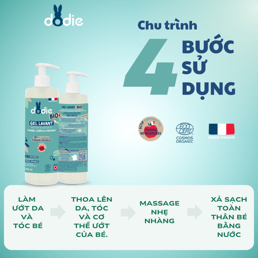 [DODIE] Gel tắm gội Hữu Cơ 3 trong 1 cho bé - Cleansing Gel - 400ml [DATE T1/2027]