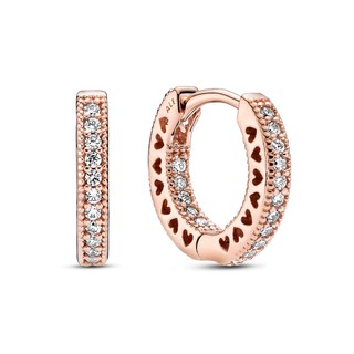 Bộ Hoa Tai Pandora Signature Mạ Vàng Hồng 14K Dạng Vòng Đính Đá - Pavé Heart Hoop Earrings