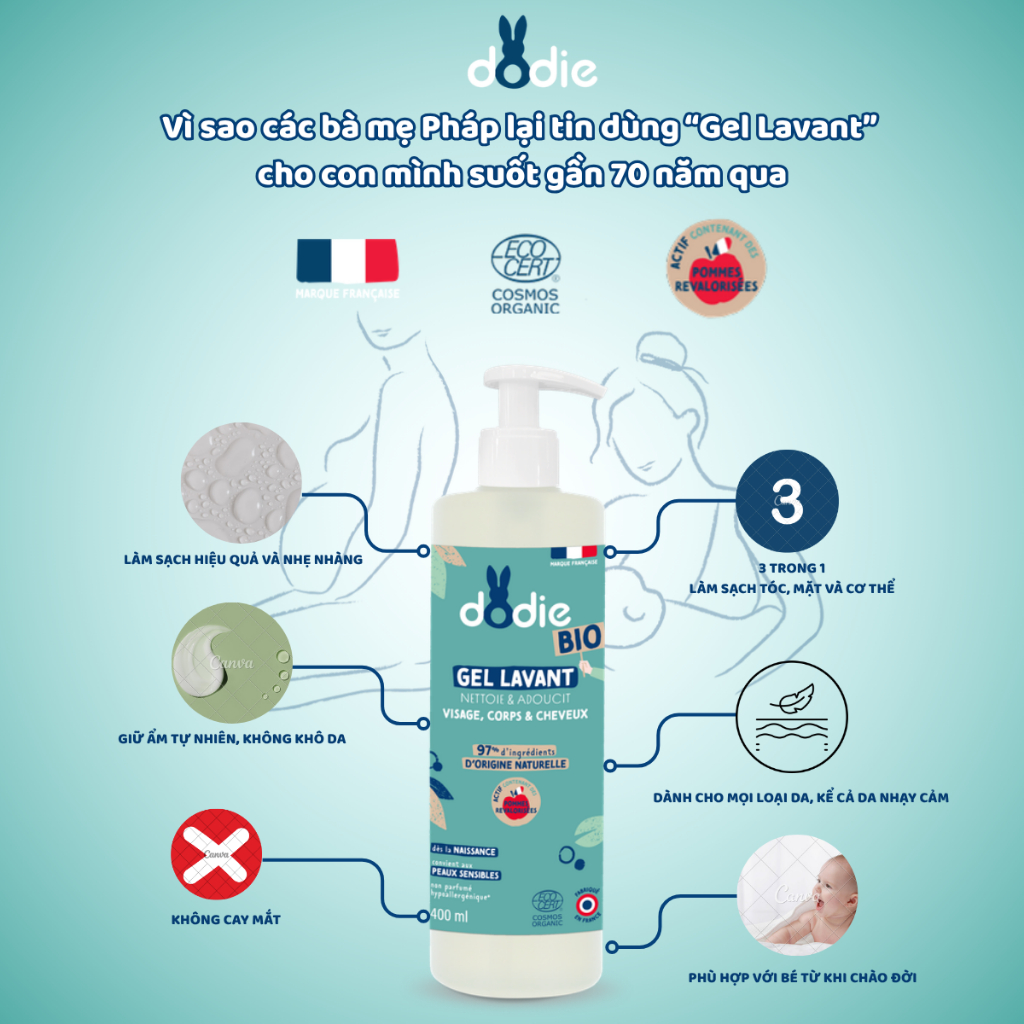 [DODIE] Gel tắm gội Hữu Cơ 3 trong 1 cho bé - Cleansing Gel - 400ml [DATE T1/2027]