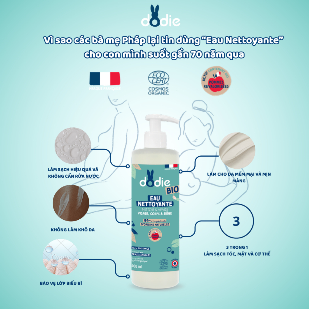 [DODIE] Nước làm sạch Hữu Cơ 3 trong 1 cho mặt, cơ thể và vùng tã bé - Không cần rửa lại - 400ml