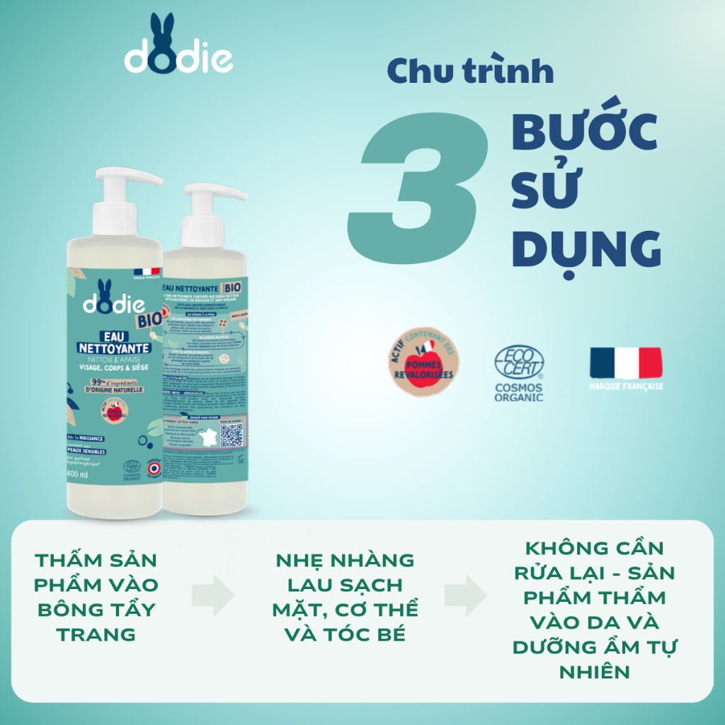 [DODIE] Nước làm sạch Hữu Cơ 3 trong 1 cho mặt, cơ thể và vùng tã bé - Không cần rửa lại - 400ml