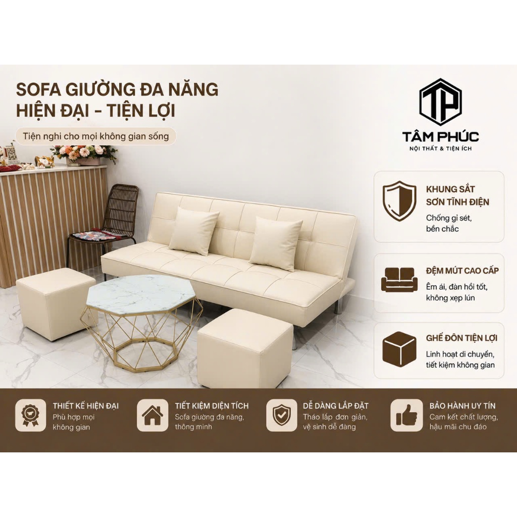 Bộ sofa có thể mở thành giường gồm - ( ghế 1m7 x 2 đôn x 1 bàn kim cương ) - đơn giản hiện đại