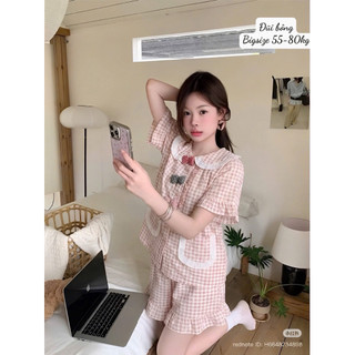 Đồ ngủ nữ đũi bông cổ sen nơ Hàn Quốc | Pijama short mặc nhà mềm mát |40-60kg& 55-80kg | Tim, Caro, Hoa, Chấm bi