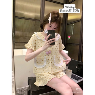 Đồ ngủ nữ đũi bông cổ sen nơ Hàn Quốc | Pijama short mặc nhà mềm mát |40-60kg& 55-80kg | Tim, Caro, Hoa, Chấm bi