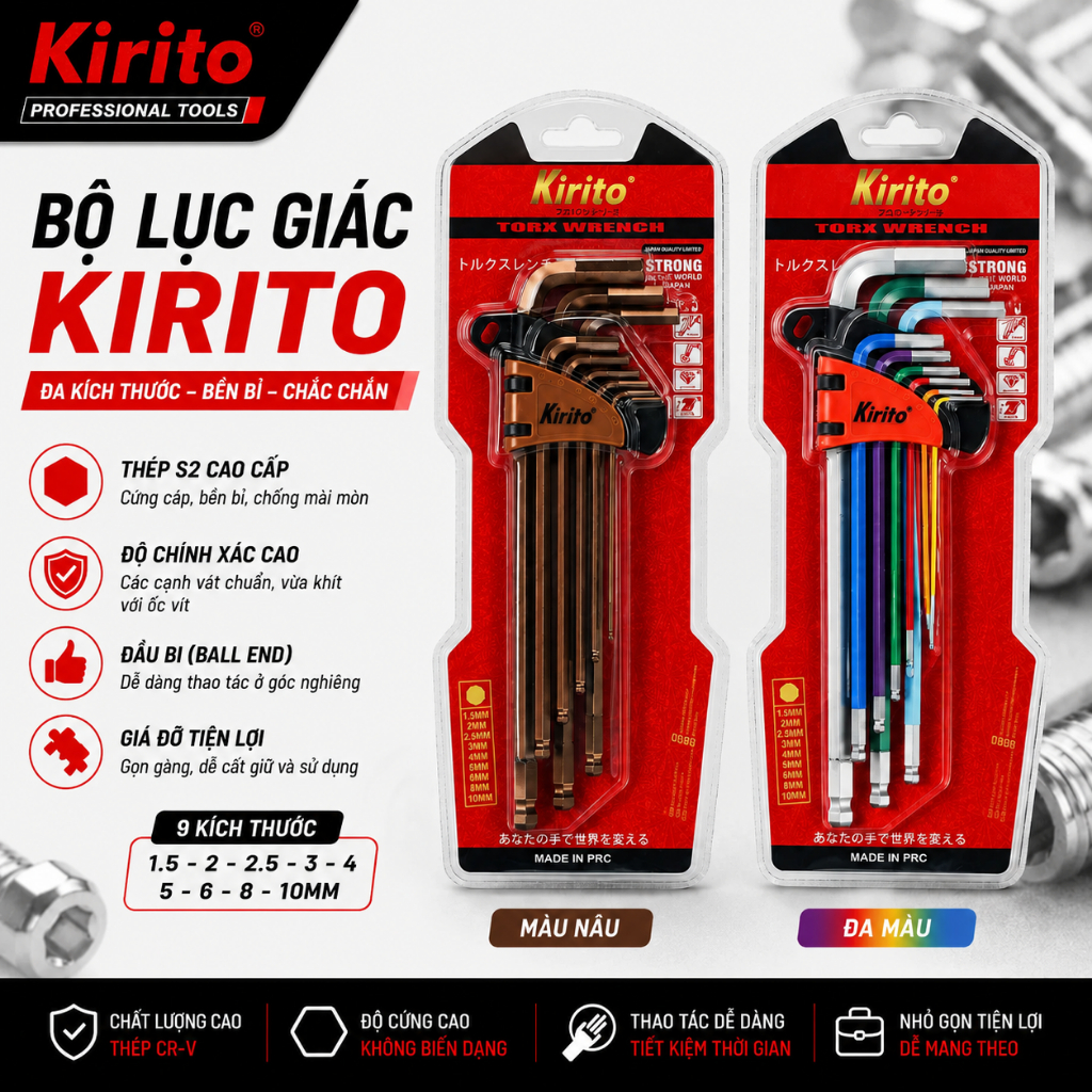 Bộ Lục Giác Bi Màu KIRITO 9 Cây 1.5-10mm Chữ L, Thép S2 Cao Cấp Không Gỉ Chính Hãng