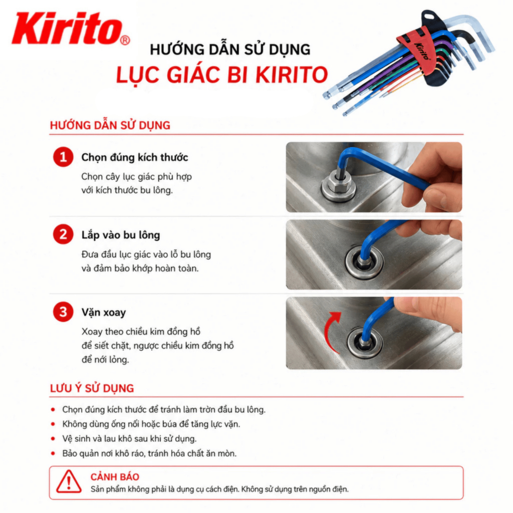 Bộ Lục Giác Bi Màu KIRITO 9 Cây 1.5-10mm Chữ L, Thép S2 Cao Cấp Không Gỉ Chính Hãng