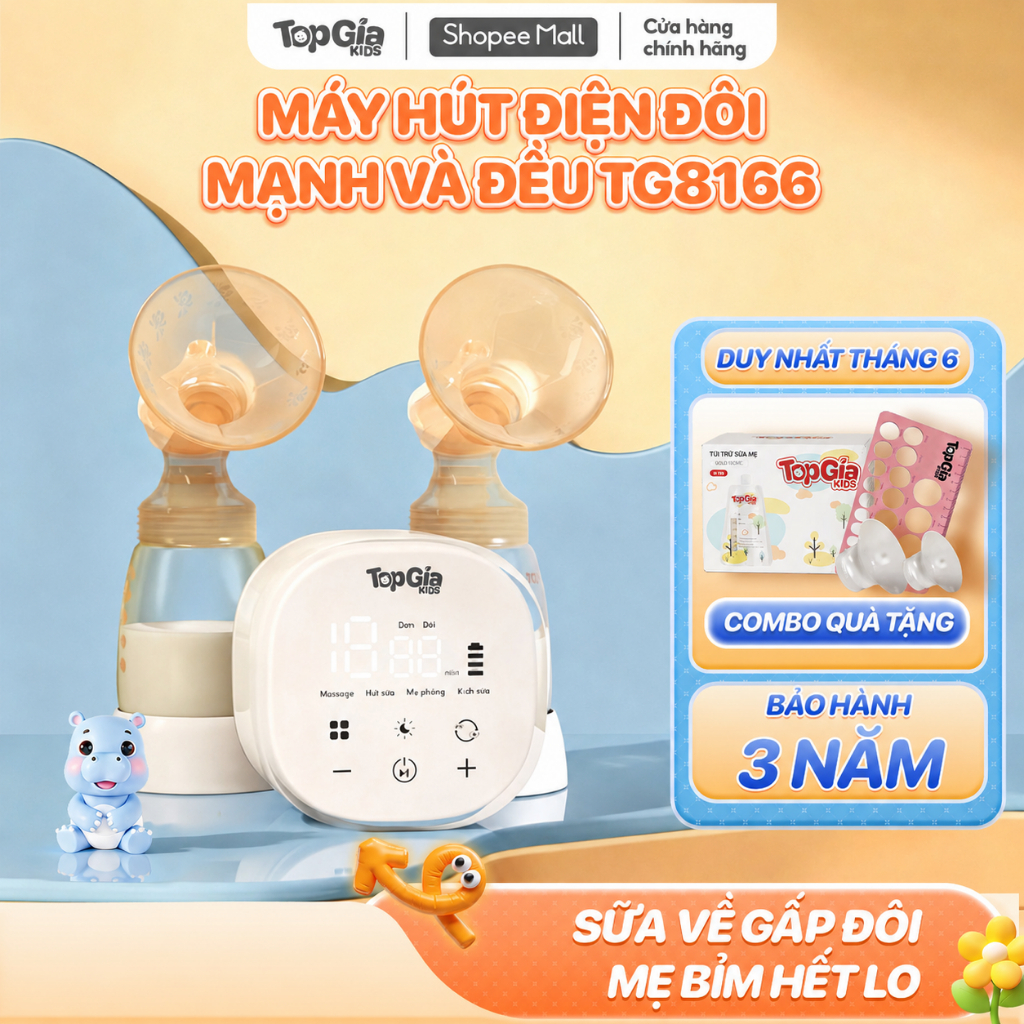 [TẶNG QUÀ] Máy hút sữa điện đôi TG8166 TopGiaKids hút kiệt sữa, êm ái, 4 chế độ massage không đau rát