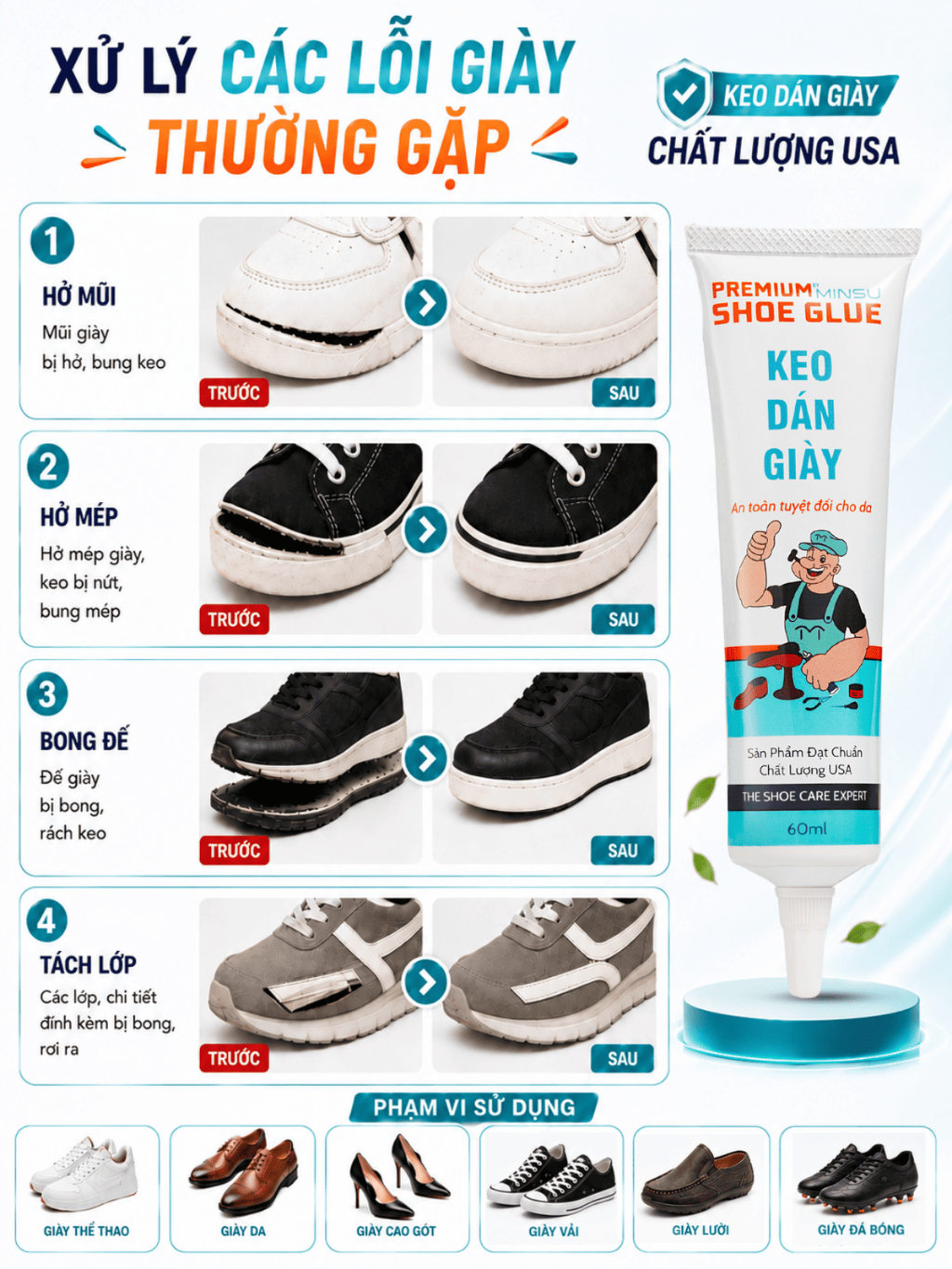 Keo Dán Giày MINSU Shoe Glue M2522 Siêu Dính Trong Suốt Chuyên Cho Giày Dép Thể Thao Sneaker, Cao Gót An Toàn Cho Da - ảnh 8