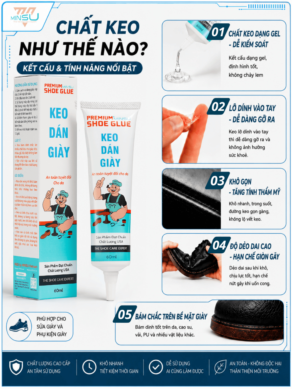 Keo Dán Giày MINSU Shoe Glue M2522 Siêu Dính Trong Suốt Chuyên Cho Giày Dép Thể Thao Sneaker, Cao Gót An Toàn Cho Da - ảnh 5