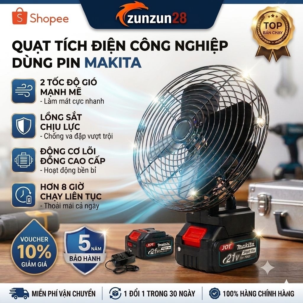 Quạt Tích Điện Lồng Sắt Pin Makita, Đế Pin 21V - 2 Mức Gió,Kích Thước 8 Inch, Tiện Lợi, Rễ Sử Dụng