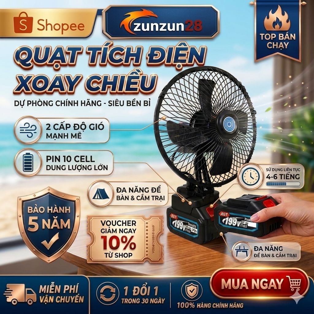 Quạt Tích Điện Xoay,Pin 10cell,20Cell,30Cell Sử Dụng Chân Pin Phổ Thông, 2 Mức Gió, Kích Thước 8 Inch