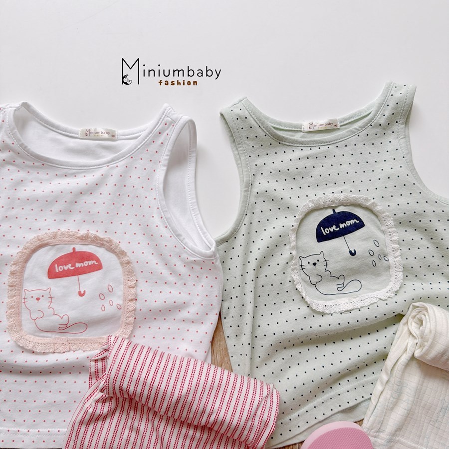 Set bộ sát nách bé gái Miniumbaby viền hình mèo mix quần suông lửng, chất áo cotton mềm mát SB2762