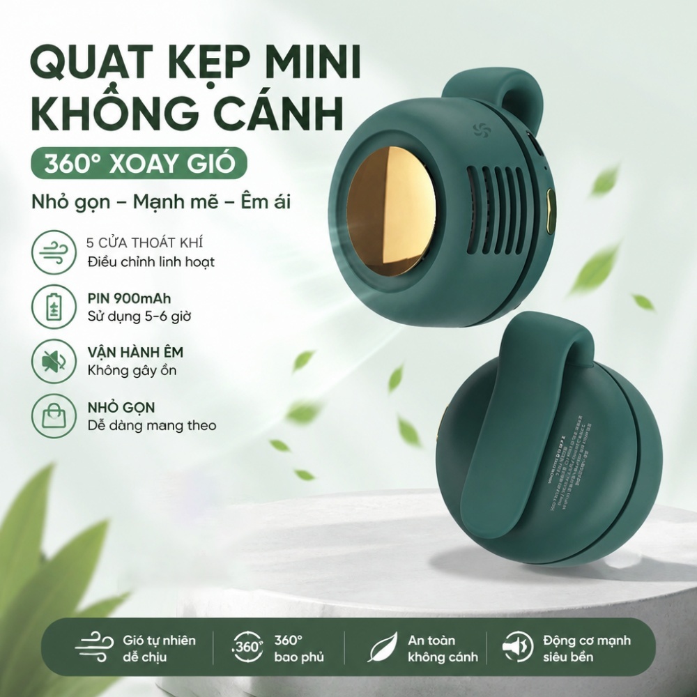 Quạt kẹp không lưỡi mini, sạc 900mAh, màu Macaron, yên tĩnh, kẹp eo/áo, văn phòng, ngoài trời