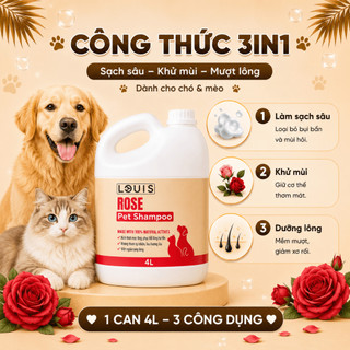 Sữa Tắm Xả Cho Chó Mèo 3in1 Louis Rose 4L, Sữa Tắm Kiêm Dầu Xả Chó Mèo Thú Cưng 4000ml