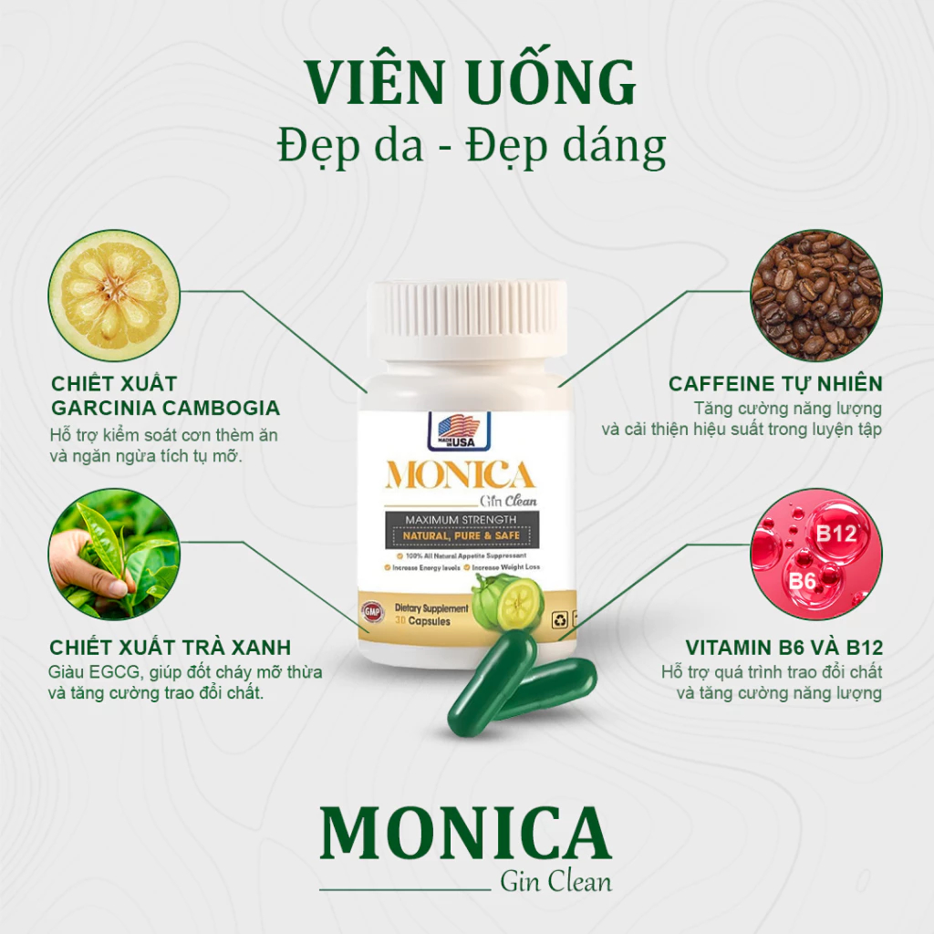 Viên Uống Giảm Cân Monica Thảo Mộc Giảm Cân Cấp Tốc Hiệu Quả Hộp 30 Viên