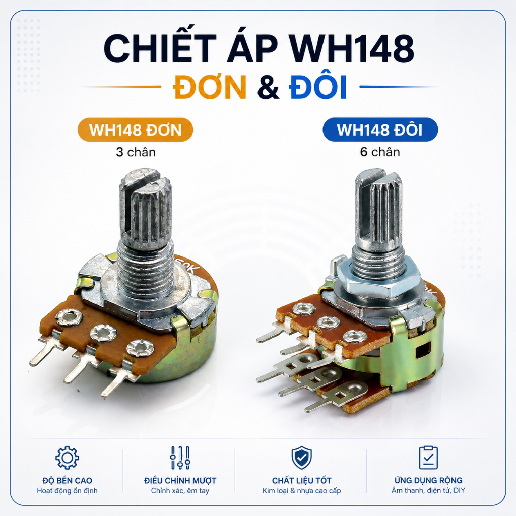 Chiết áp đôi - đơn 1M 500K 250K 100K 50K 20K 10K 5K 2K 1K WH148 15mm chất lượng cao ilinhkien.