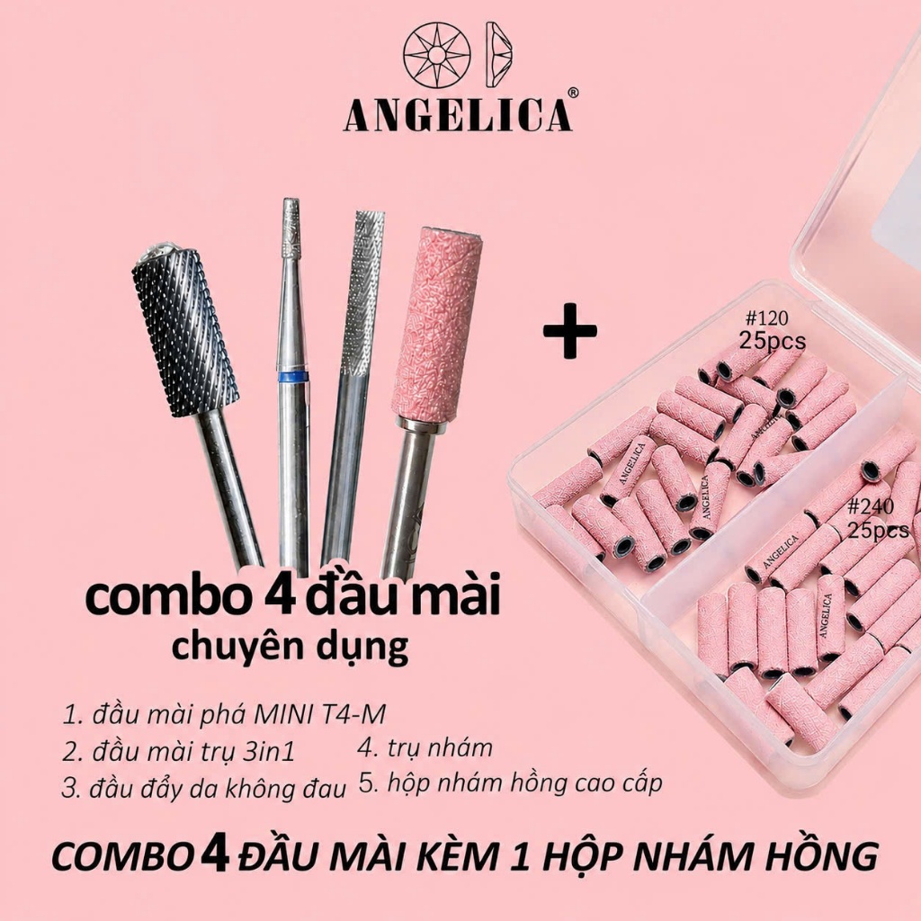 Combo 4 Đầu Mài Chuyên Dụng Kèm 1 Hộp Nhám Hồng ANGELICA