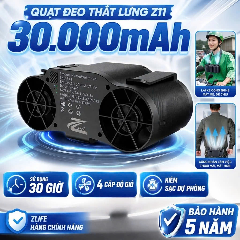 Quạt Đeo Thắt Lưng Điều Hoà Zlife Z11 30000mAh, 2 Luồng Gió Mạnh, Đeo Cổ, Cầm Tay