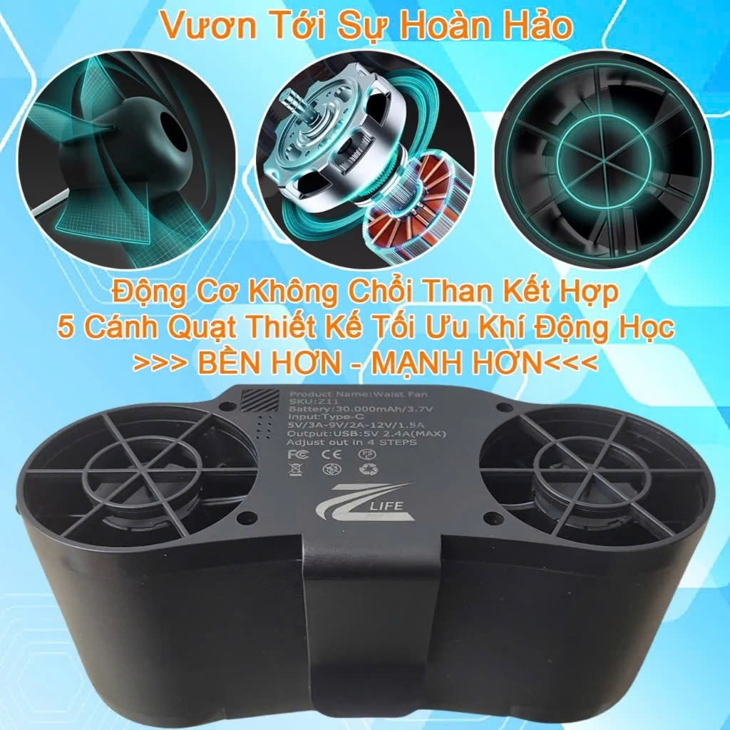 Quạt Đeo Thắt Lưng Điều Hoà Zlife Z11 30000mAh, 2 Luồng Gió Mạnh, Đeo Cổ, Cầm Tay
