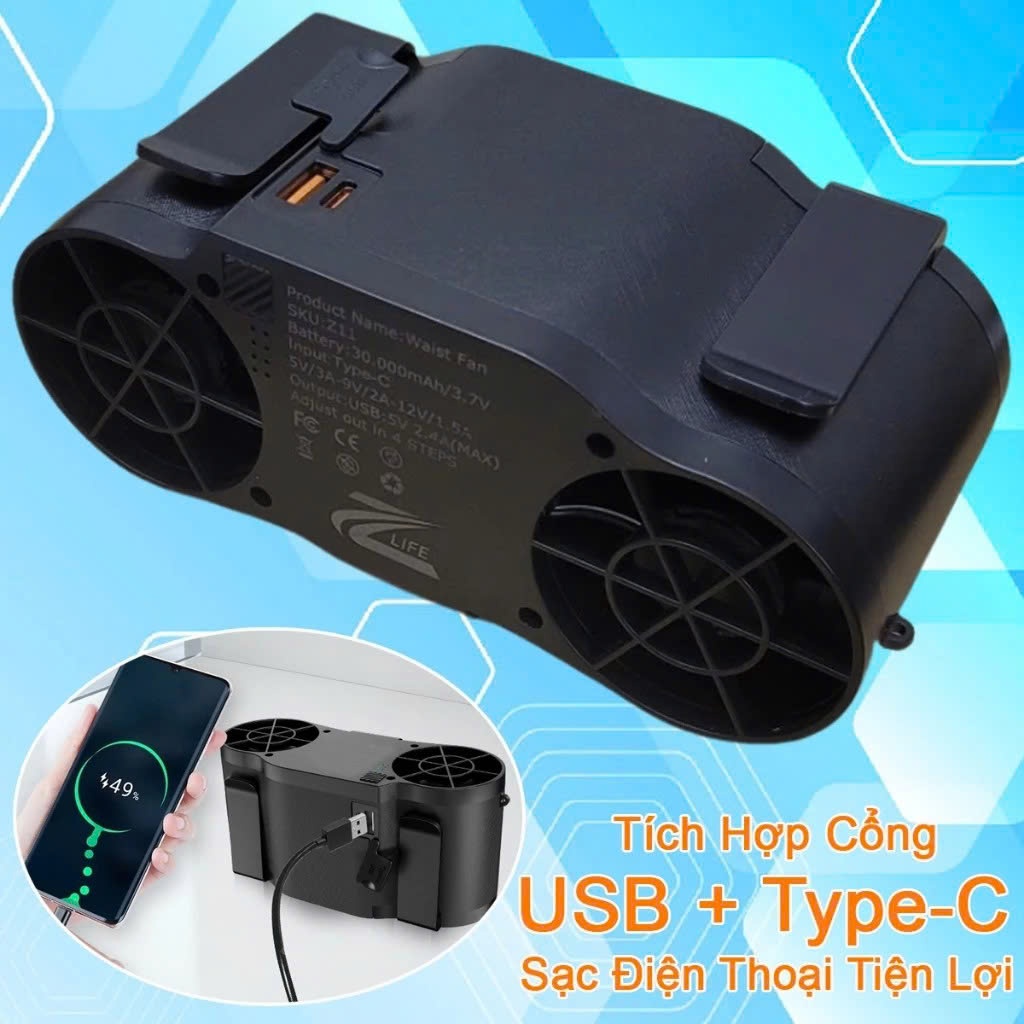 Quạt Đeo Thắt Lưng Điều Hoà Zlife Z11 30000mAh, 2 Luồng Gió Mạnh, Đeo Cổ, Cầm Tay