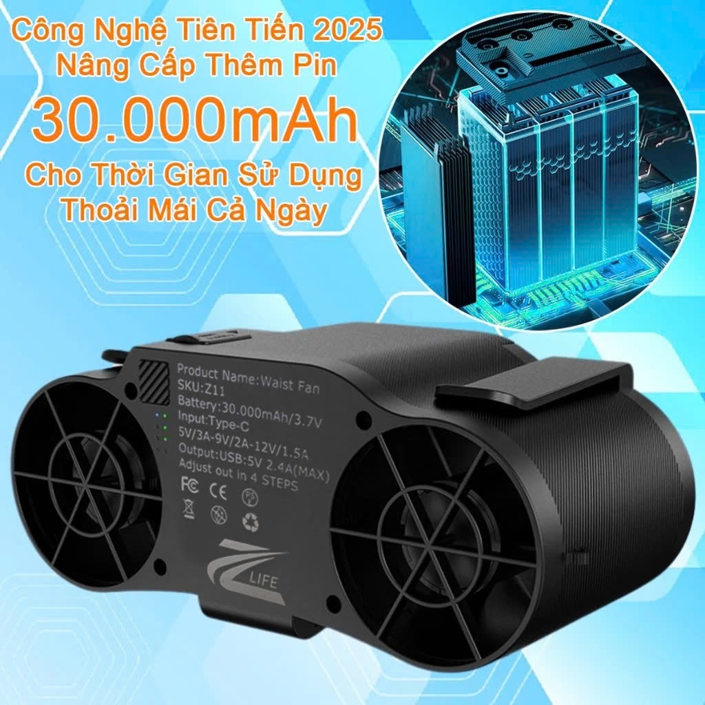 Quạt Đeo Thắt Lưng Điều Hoà Zlife Z11 30000mAh, 2 Luồng Gió Mạnh, Đeo Cổ, Cầm Tay