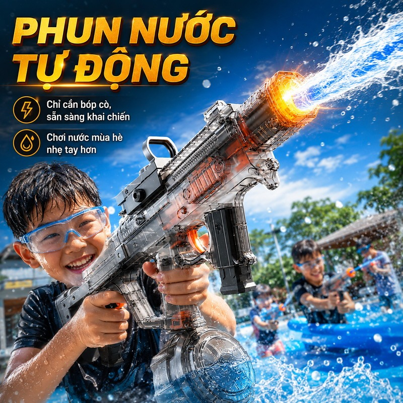 Súng Nước Điện MK3 Cho Bé, Đồ Chơi Bãi Biển Đấu Súng Nước, Pin Sạc USB, Quà Tặng Mùa Hè