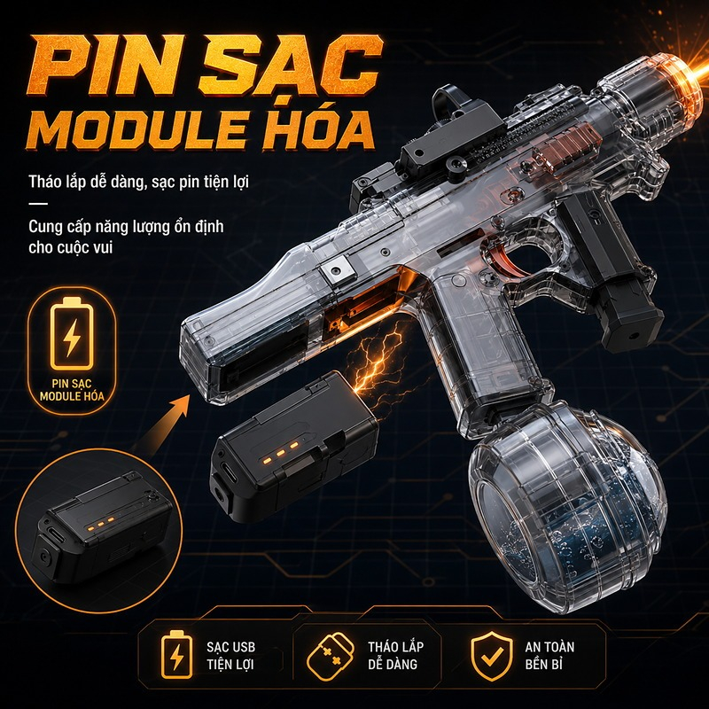 Súng Nước Điện MK3 Cho Bé, Đồ Chơi Bãi Biển Đấu Súng Nước, Pin Sạc USB, Quà Tặng Mùa Hè