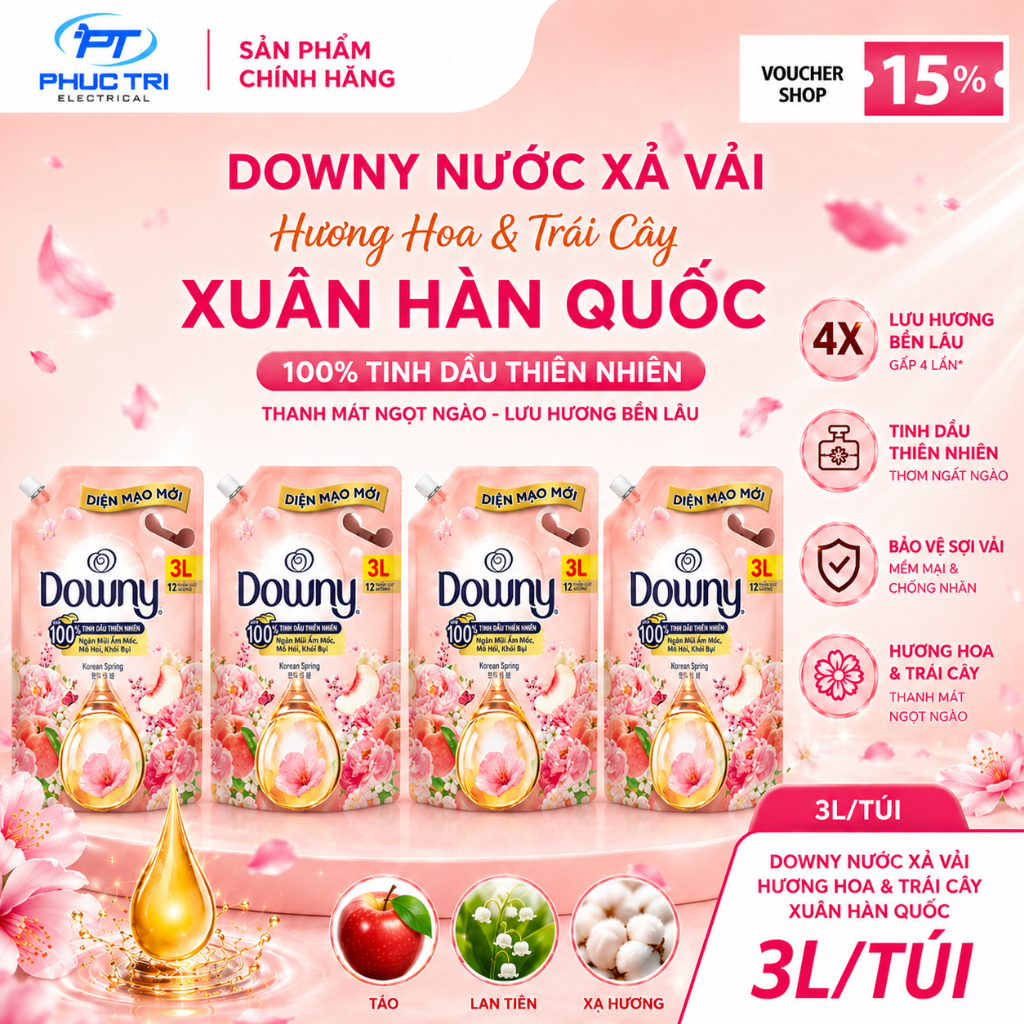 Downy Nước Xả Vải Hương Hoa & Trái Cây Xuân Hàn Quốc 100% Tinh Dầu Thiên Nhiên - 3L/túi
