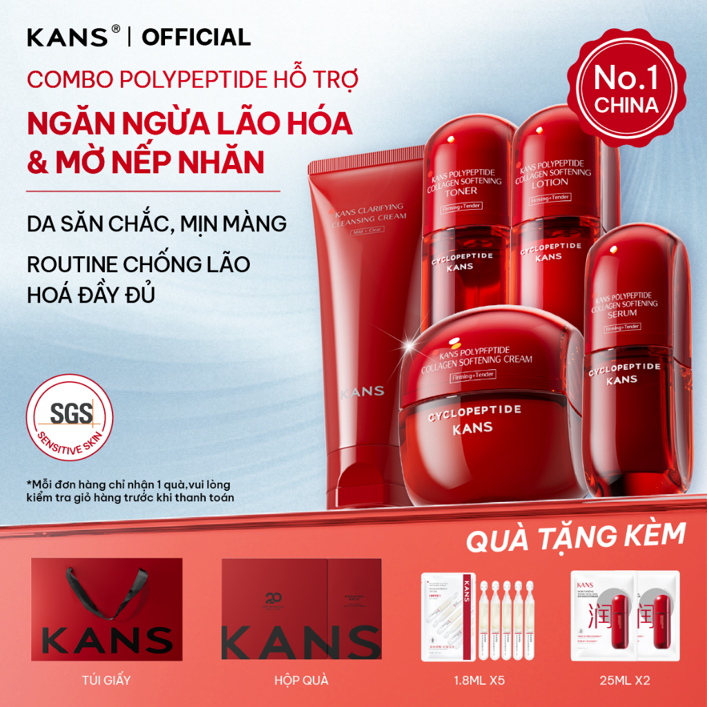 KANS Combo 5 Món Dưỡng Da Chống Lão Hóa Sữa Rửa Mặt - Toner - Lotion - Serum - Kem Dưỡng giúp Cấp Ẩm, Làm Mờ Nếp Nhăn